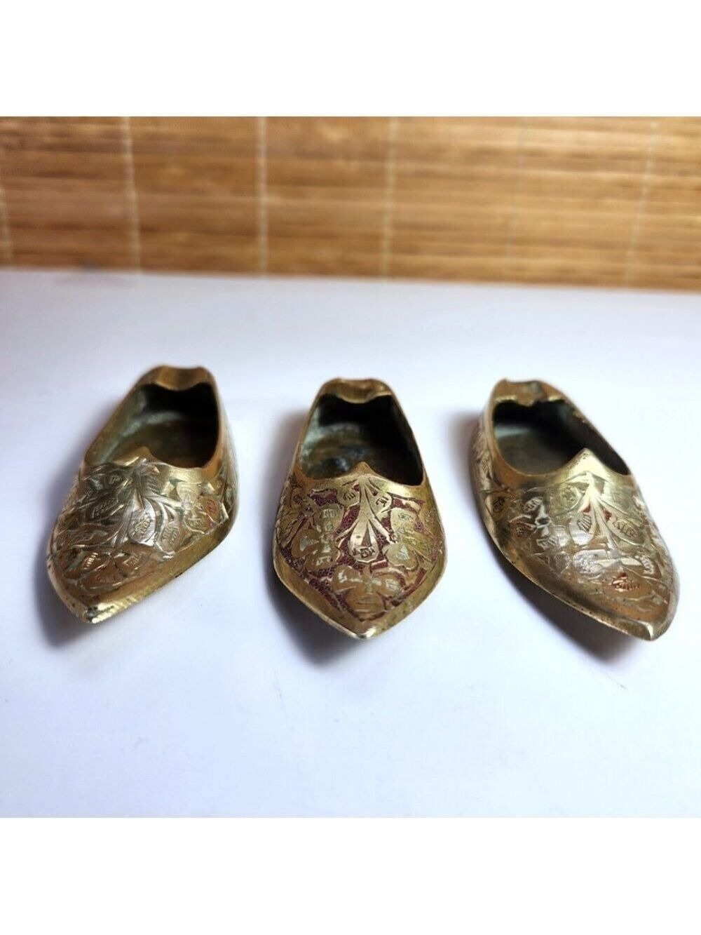 Vintage Solid Brass Shoe Ashtray Set of 3 Etched India Miniature Decor